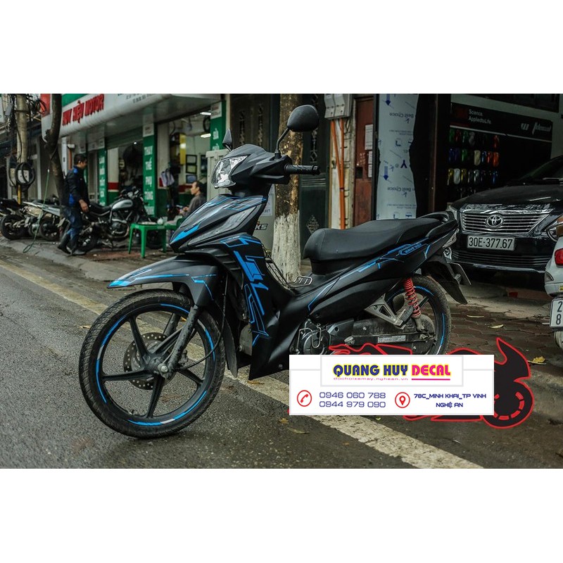 Tem trùm wave rsx đen chỉ xanh, độ phủ bộ team decal cho xe máy rẻ đẹp