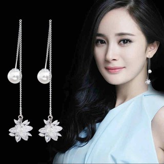 Khuyên bông tai nữ bạc Dương Mịch hoa trắng thả hạt