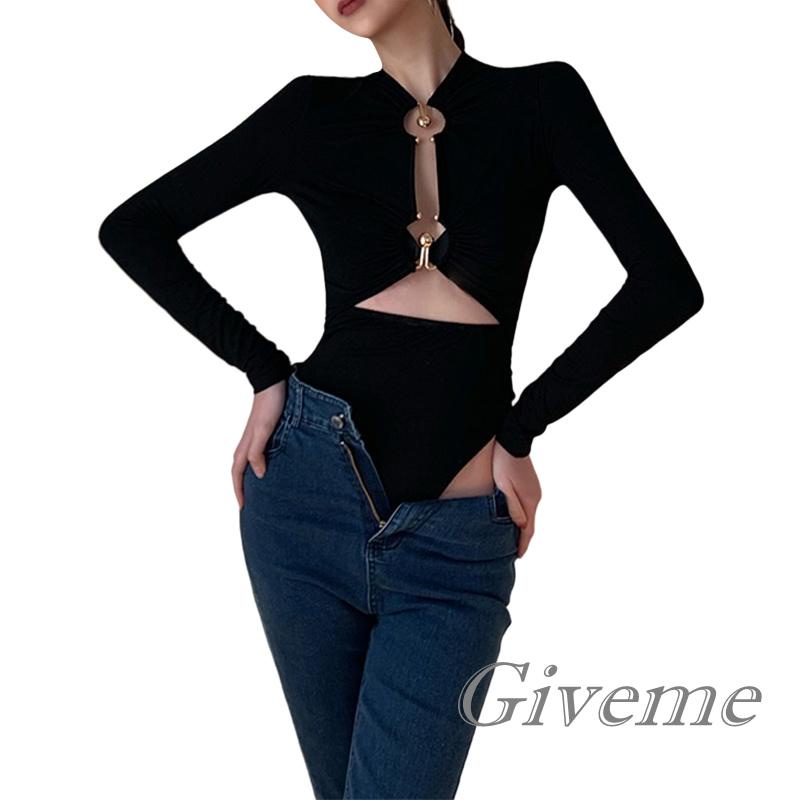 Bộ Áo Liền Quần Tay Dài Màu Trơn Khoét Lỗ Có Vòng Kim Loại Màu Đen Dành Cho Nữ
