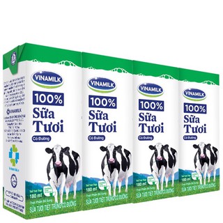 SỮA TƯƠI TIỆT TRÙNG VINAMILK 100% CÓ ĐƯỜNG - LỐC 4 HỘP X 180ML