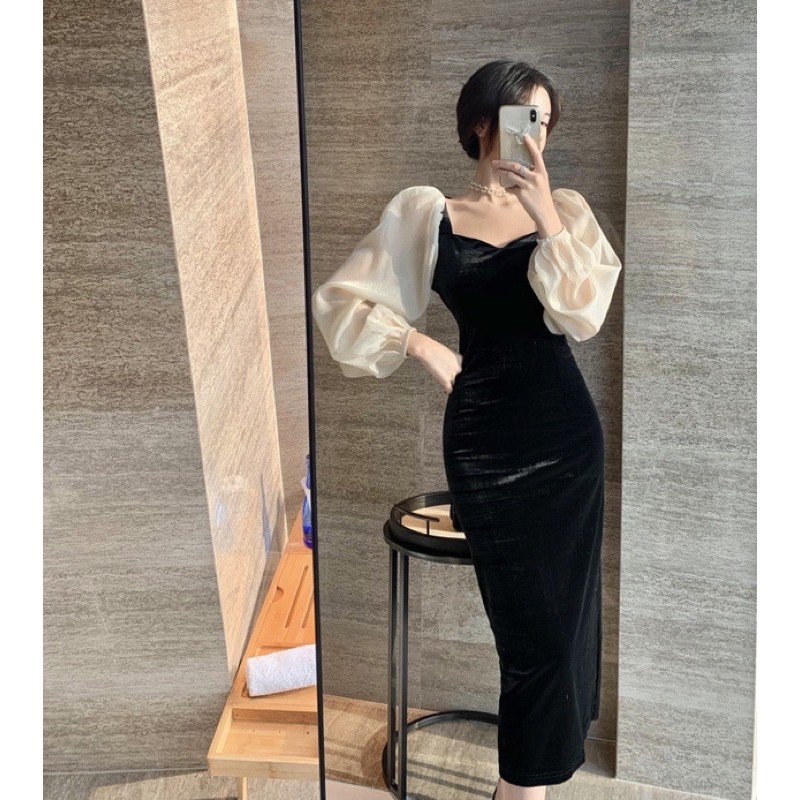 Đầm body nhung phối tay voan xoè