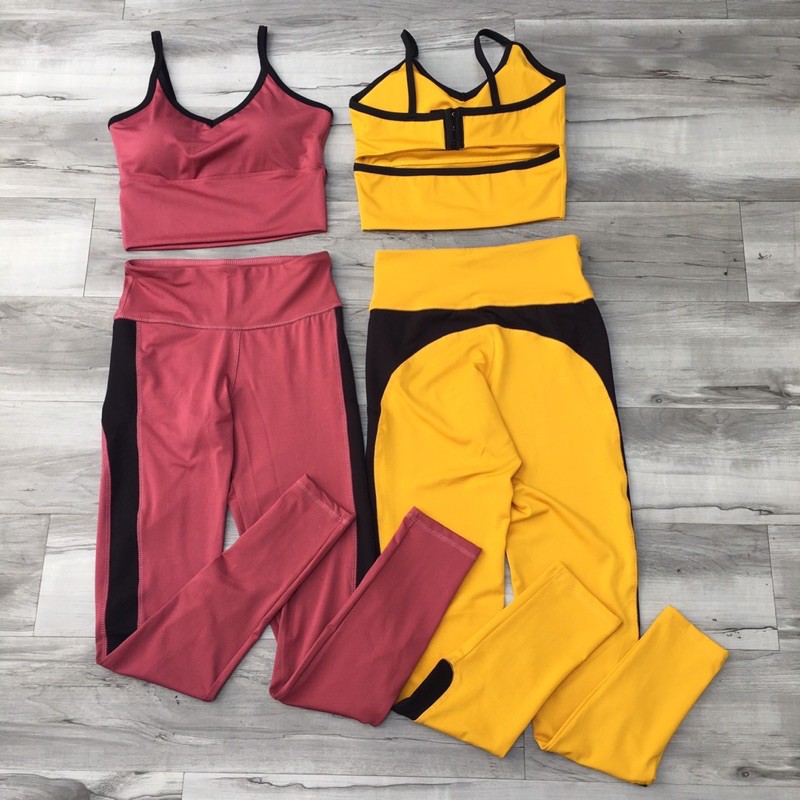 Set tập gym, yoga nữ - Bộ tập áo croptop 2 dây cài sau vải thun cao cấp (sẵn mút)