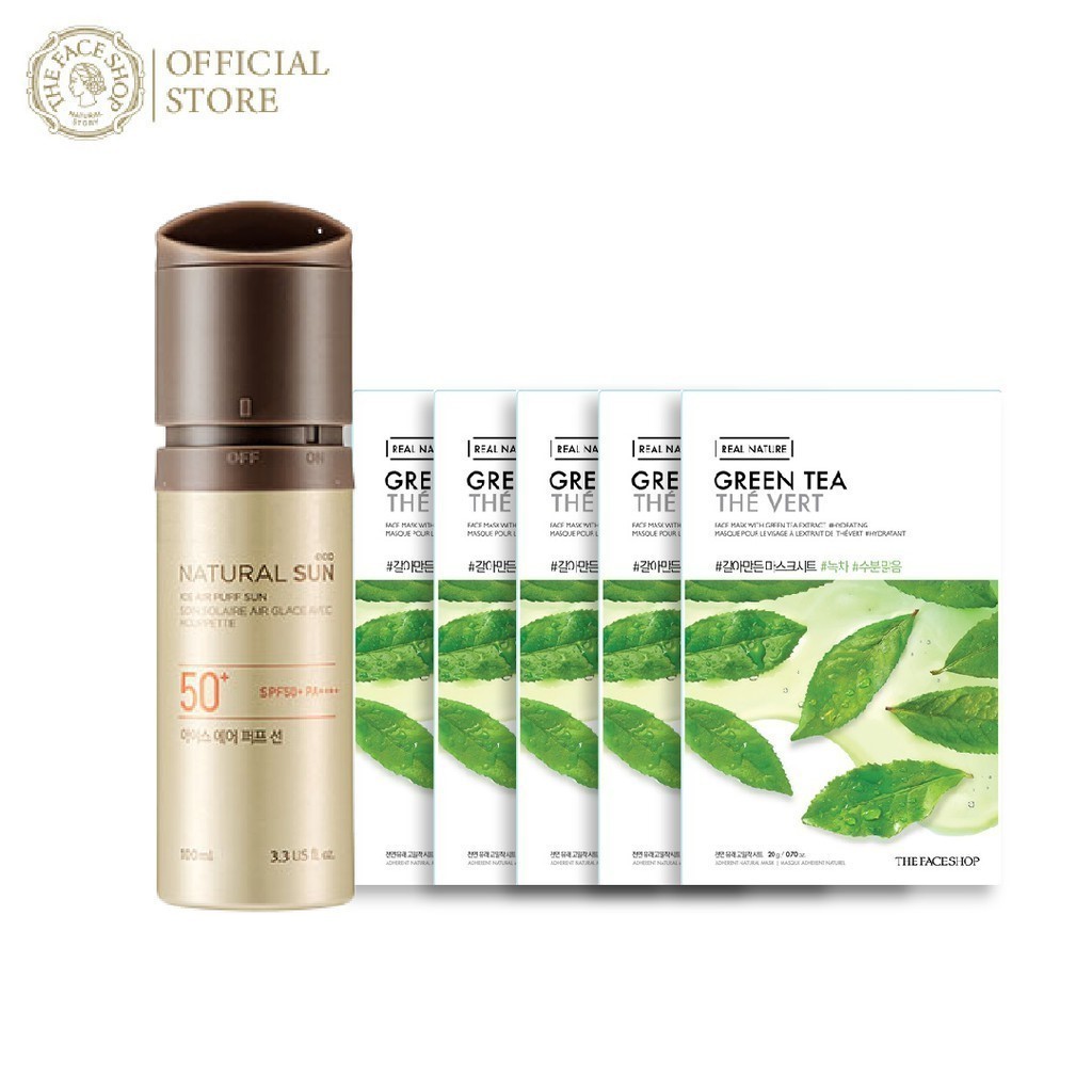 Bộ Kem Chống Nắng TheFaceShop Natural Sun Eco Ice Air Puff Sun & Mặt Nạ Real Nature Green Tea