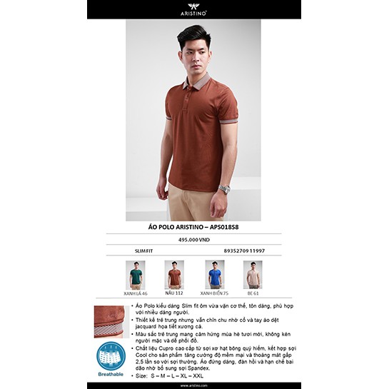 Áo polo nam ngắn tay Aristino 🌟 CHÍNH HÃNG – SALE 🌟 APS018S8, slimfit, chất liệu coolmax mềm mát