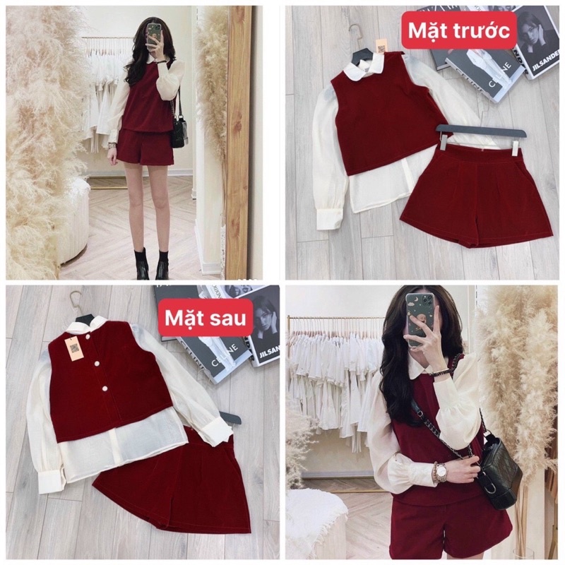 set bộ 3 chi tiết áo smi tơ be- áo balo nhung đỏ + sooc nhung đỏ