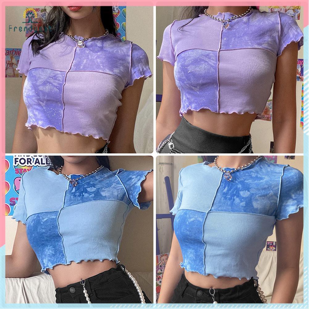 Áo Croptop Cổ Tròn Phối Màu Nhuộm Độc Đáo