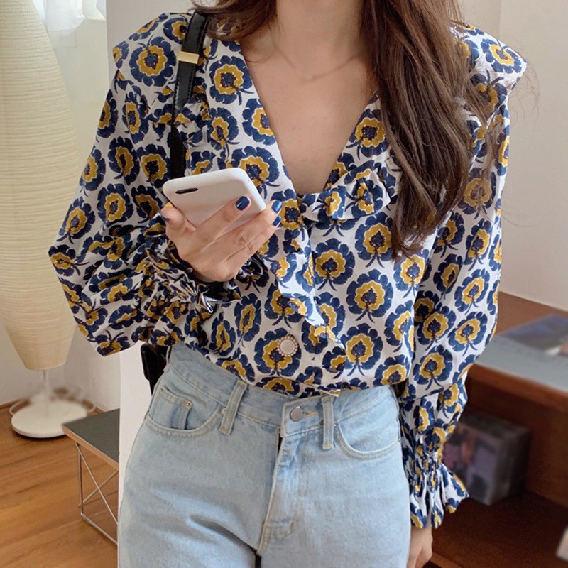 Áo Voan Tay Dài Cổ Peter Pan Họa Tiết Hoa Cho Nữ