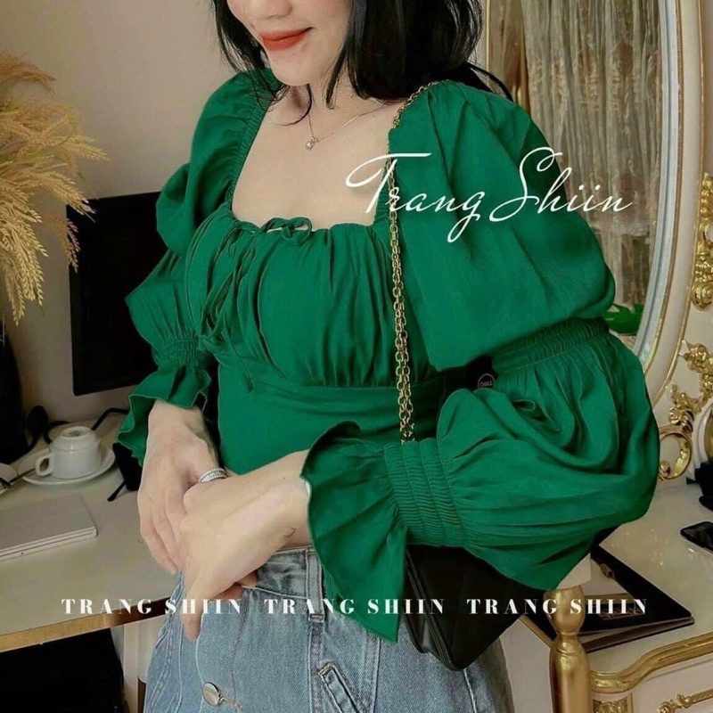 Áo Sơ Mi Cổ Vuông Chun Tay Bồng Tiểu Thư Sang Chảnh Đi Học Đi Làm Đi Chơi Màu Xanh Hottrend 2022