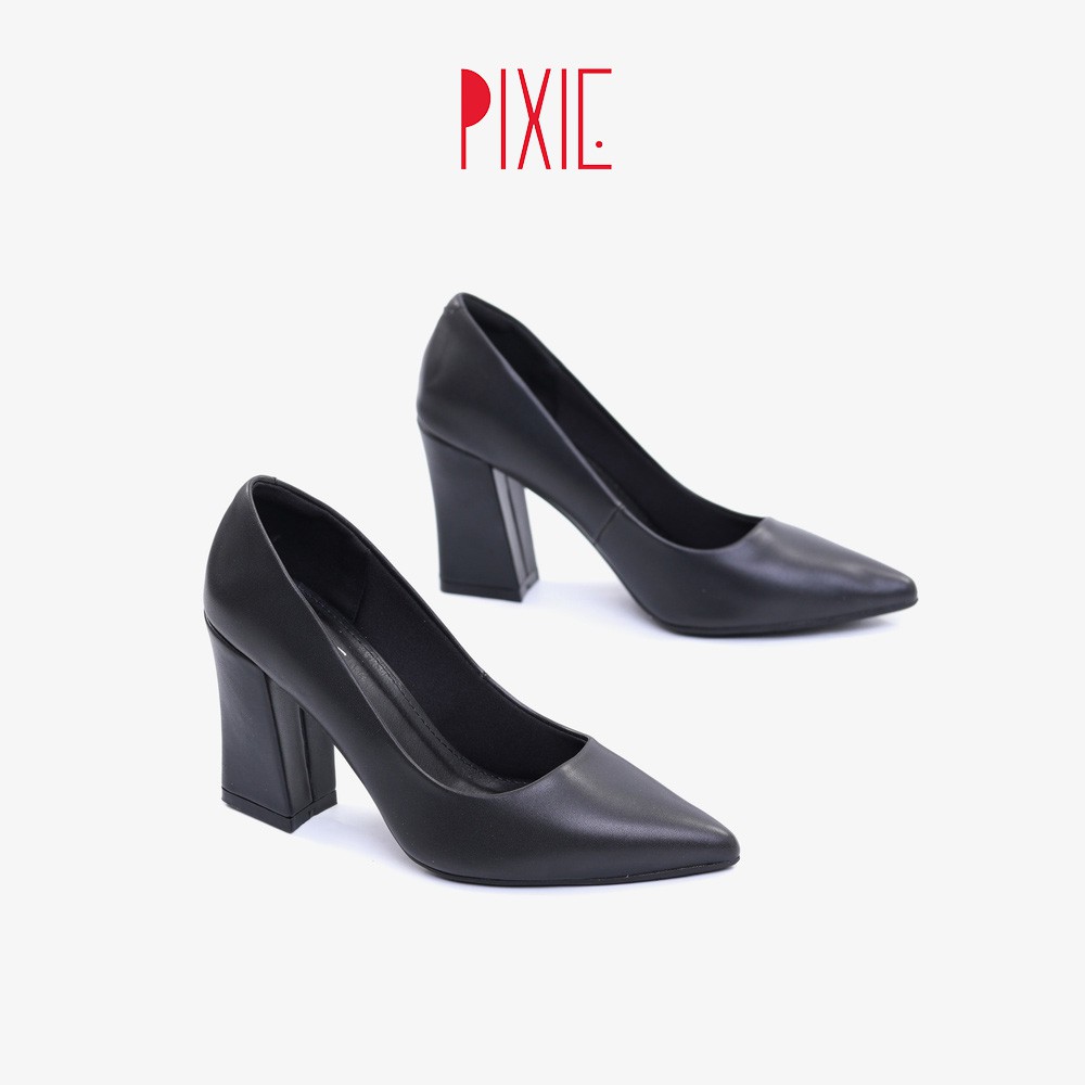 Giày Cao Gót 7cm Đế Vuông Mũi Nhọn Basic Màu Đen Pixie P159