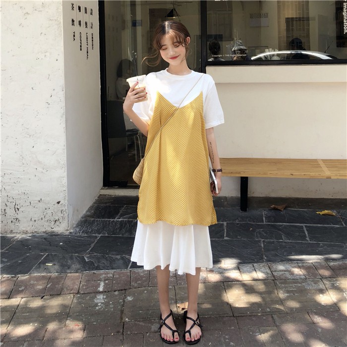 [CÓ SẴN] Đầm thun suông ngắn tay phối váy voan hai dây chấm bi cá tính Hàn Quốc ulzzang | BigBuy360 - bigbuy360.vn