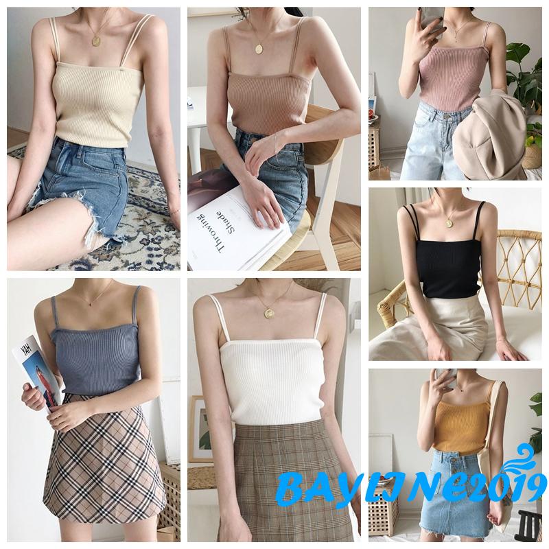 Áo Hai Dây Dệt Kim Màu Sắc Trơn Thời Trang Cho Nữ