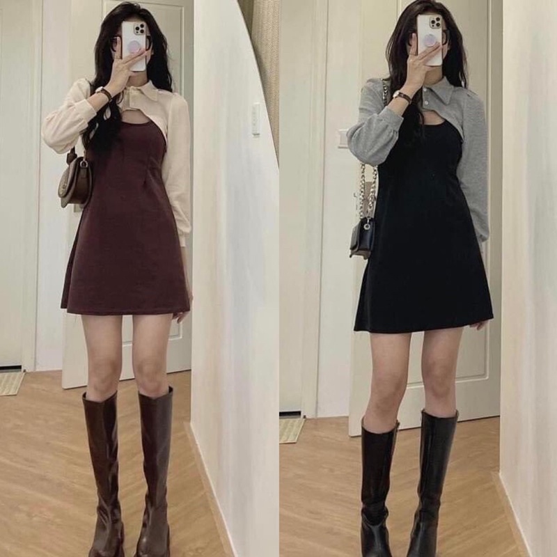 [Ảnh độc quyền] Sét váy áo cổ sơ mi cài cúc mix đầm 2 dây nữ dáng chữ A phong cách Hàn quốc | BigBuy360 - bigbuy360.vn
