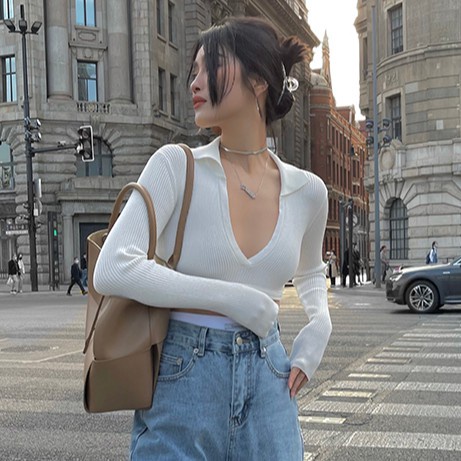 QKOOLE Áo croptop dệt kim  tay dài cổ chữ V phong cách Hàn Quốc thời trang cho nữ