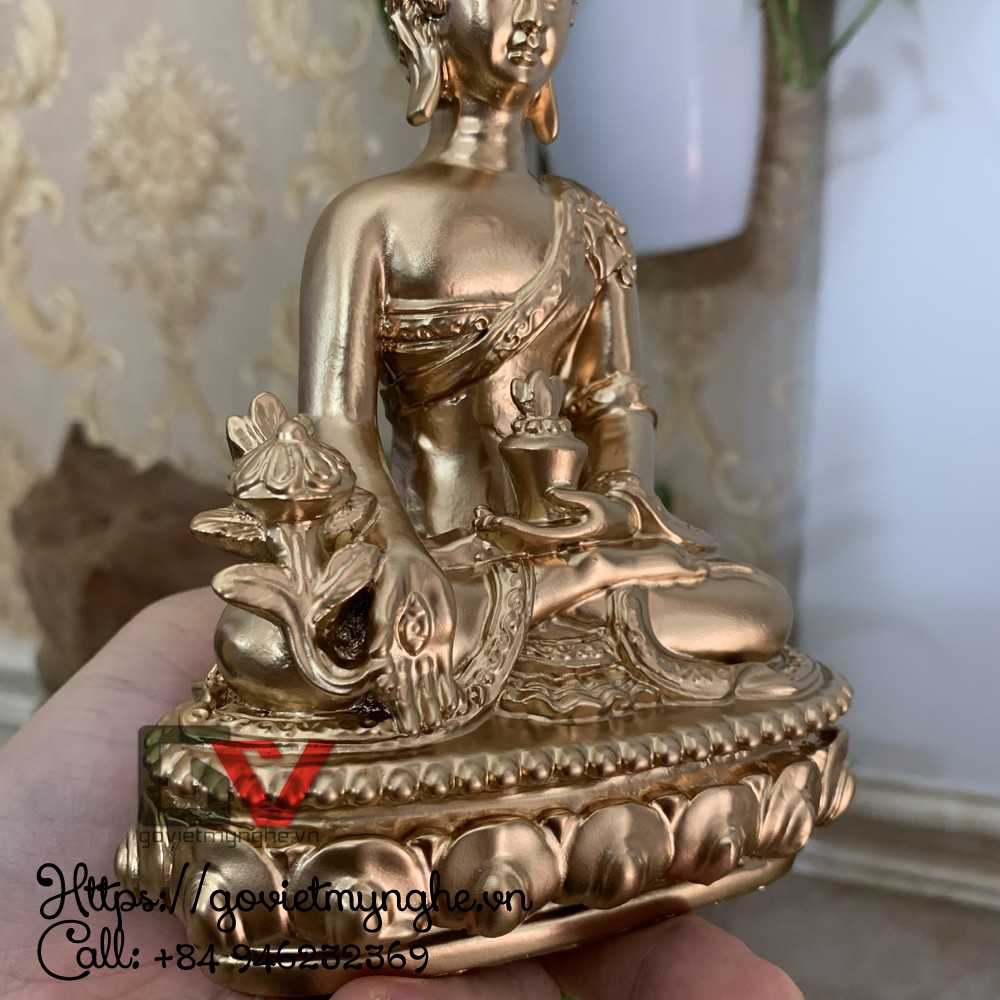Tượng đá trang trí Phật Dược Sư Lưu Lý Quang ngồi trên đài sen - Chiều cao 16cm - Màu nhũ đồng