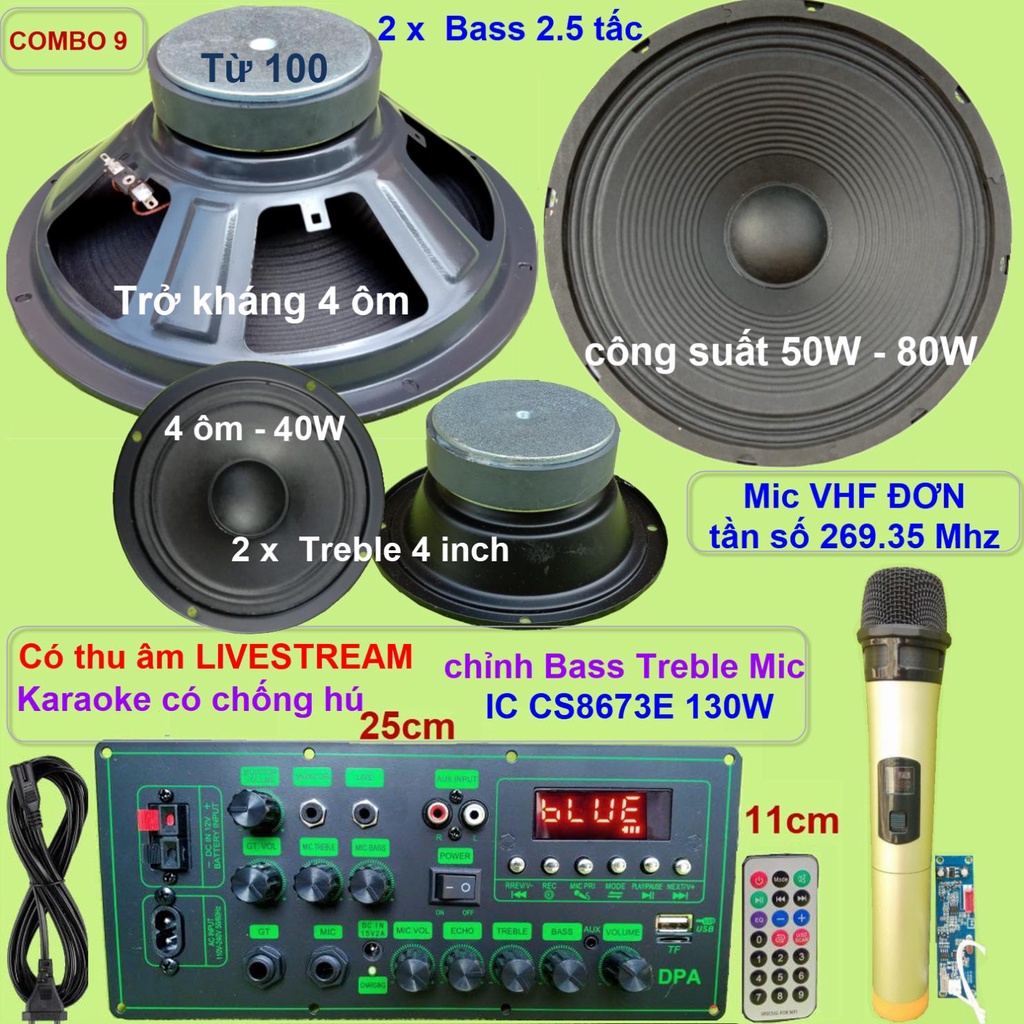 Combo loa kéo 2.5 tấc đôi CS8673E 130W Thu âm Livestream Karaoke chống hú chỉnh Bass Treble Mic nguồn xung 220V