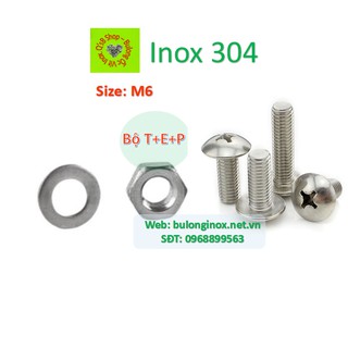 Vít pake đầu dù inox size M6  bộ T+E+P , ốc 4 cạnh đầu dù  inox, ốc vặn tua vít đầu dù thân bulong, inox 304