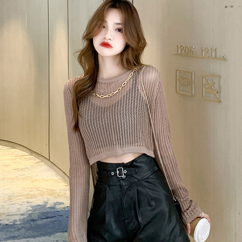 Áo Thun Dệt Kim Tay Dài Dáng Rộng Khoét Lỗ Thời Trang Quyến Rũ Cho Nữ