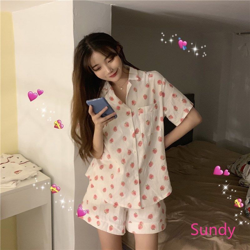 Set đồ ngủ ngắn tay in hình dâu tây thời trang hè cho nữ