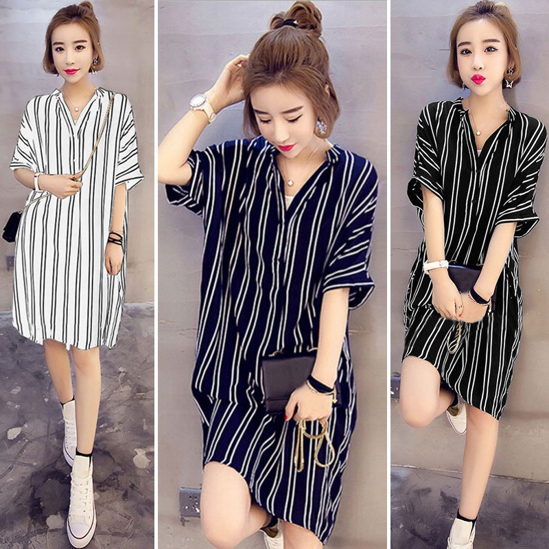 Đầm nữ ngắn tay cổ tròn sọc vằn thời trang