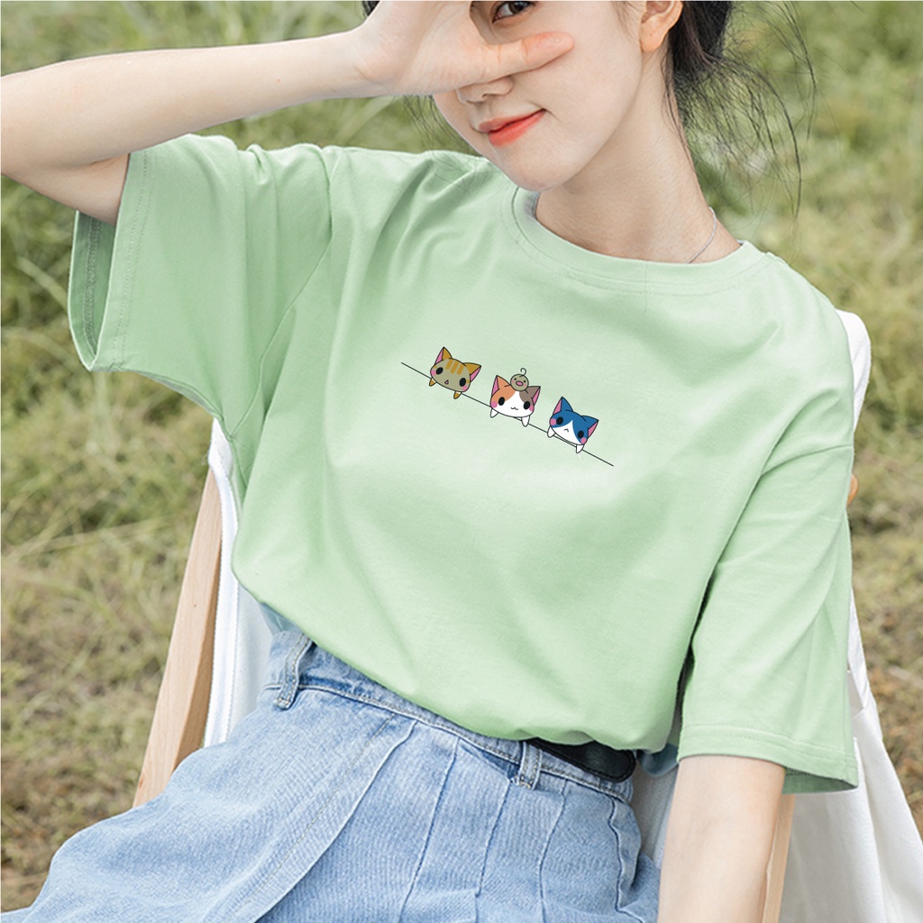 Áo thun nữ KENA form áo đơn giản hình in mèo ngộ nghĩnh vải cotton mềm mát - KAT-107