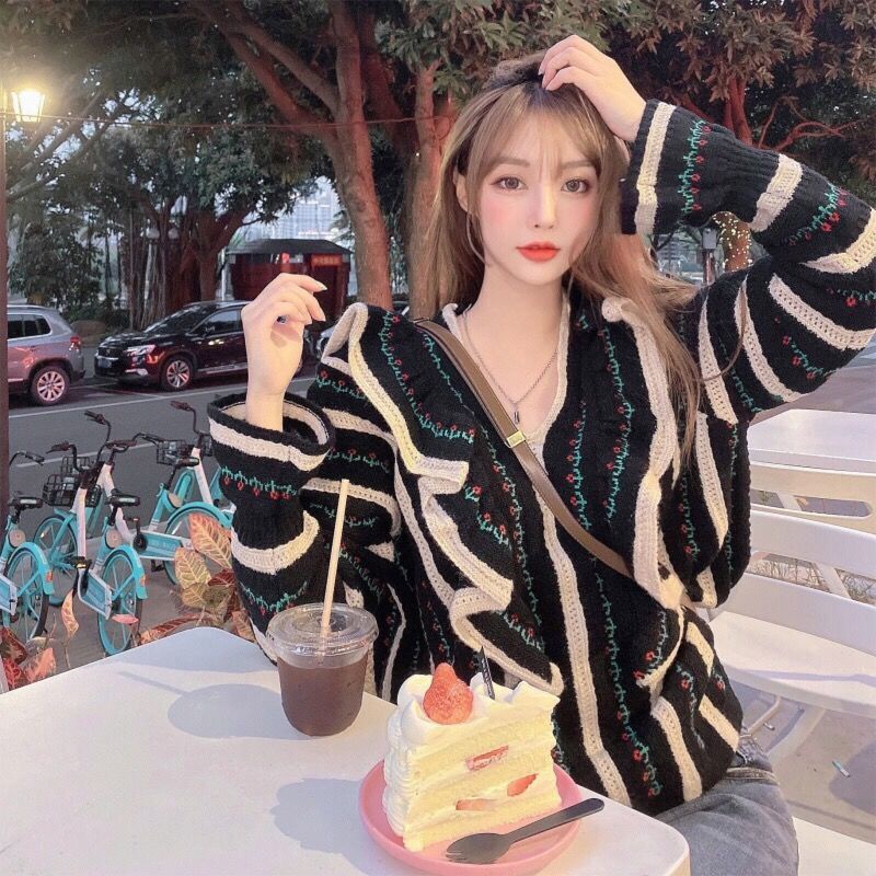 Áo khoác cardigan dệt kim cổ chữ V tay dài ống loe màu sắc phong cách Hàn Quốc mới 2021