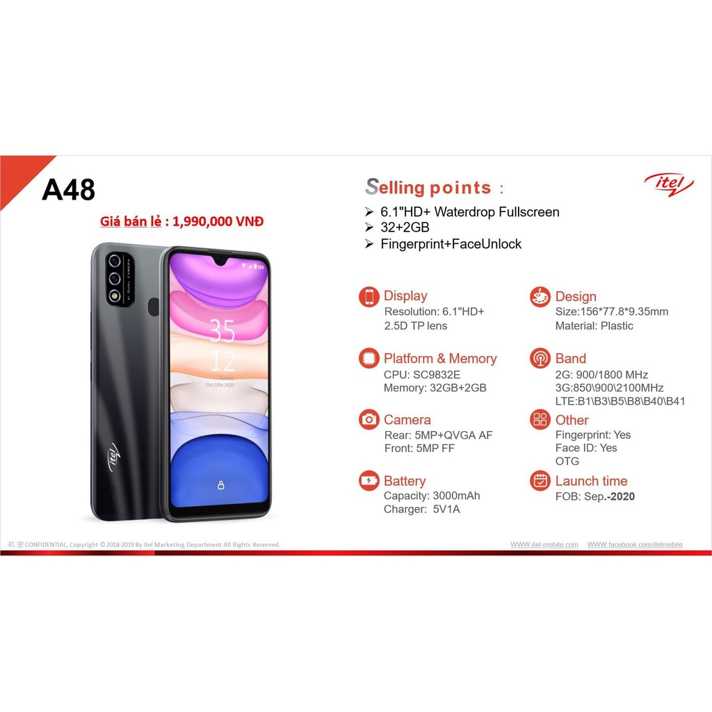 ĐIện thoại Smartphone Itel A48 MH 6.1inch Ram 2GB Rom 32GB