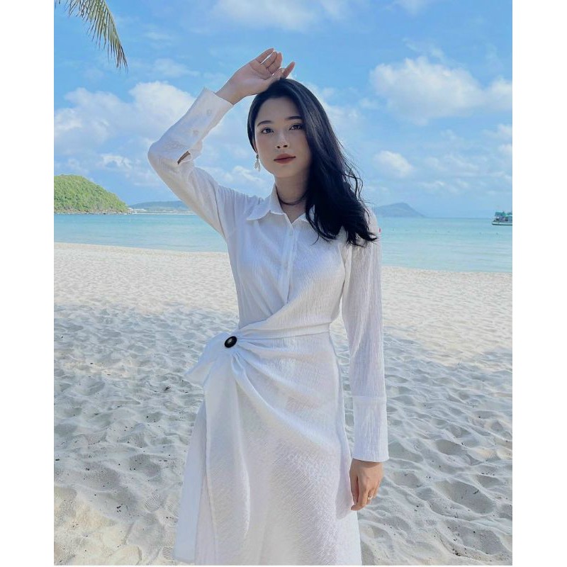 ĐẦM CỔ SƠMI TRẮNG CHÍT EO LỆCH TÀ🌸video thật shop quay D2205A