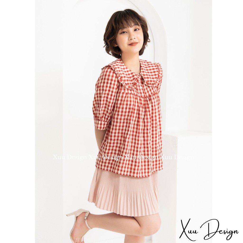 Áo Babydoll Xuu DesignÁo kiểu nữ thiết kế chất vải đẹp dáng suông [Xu05 kẻ đỏ]