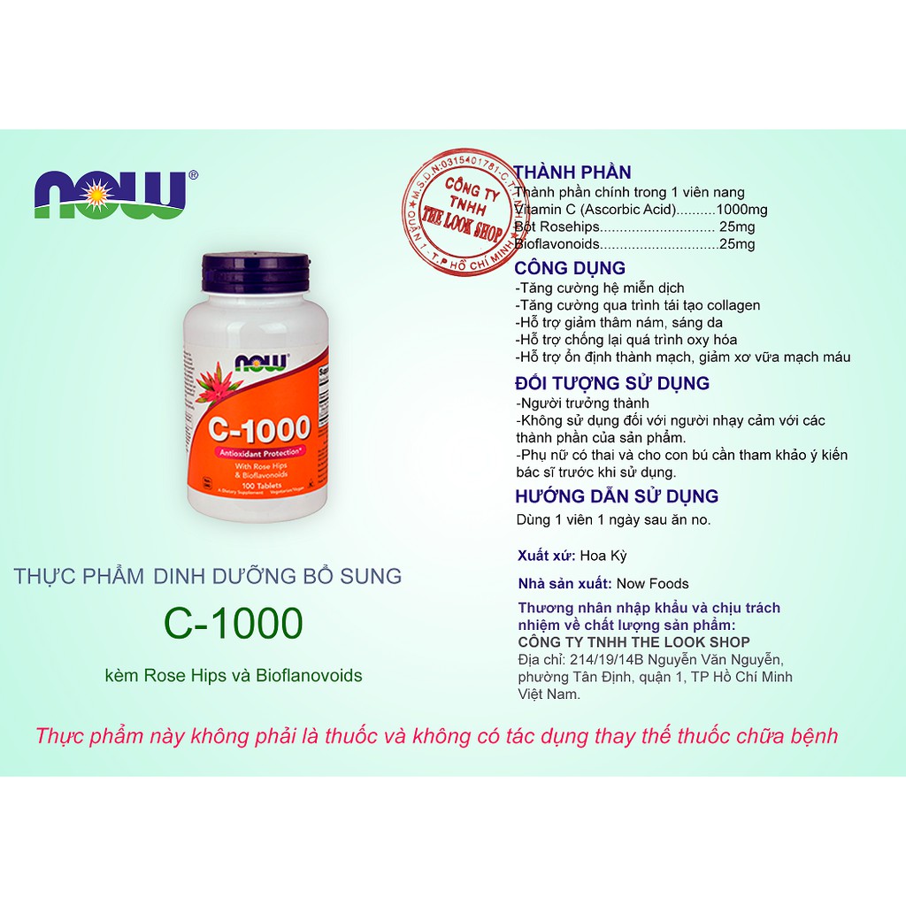 USA- Viên uống Vitamin C-1000 with Rose Hips and Bioflanovoids NOW