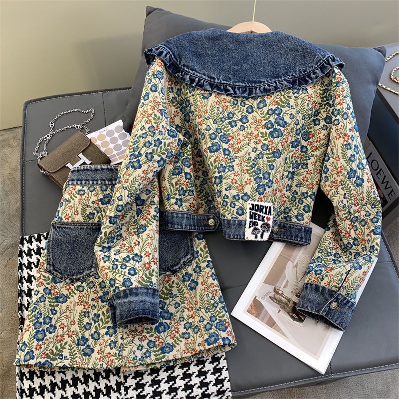 Set Áo Cổ Búp Bê + Chân Váy Denim In Hoa Thời Trang Mùa Thu Phong Cách Mới Cho Nữ