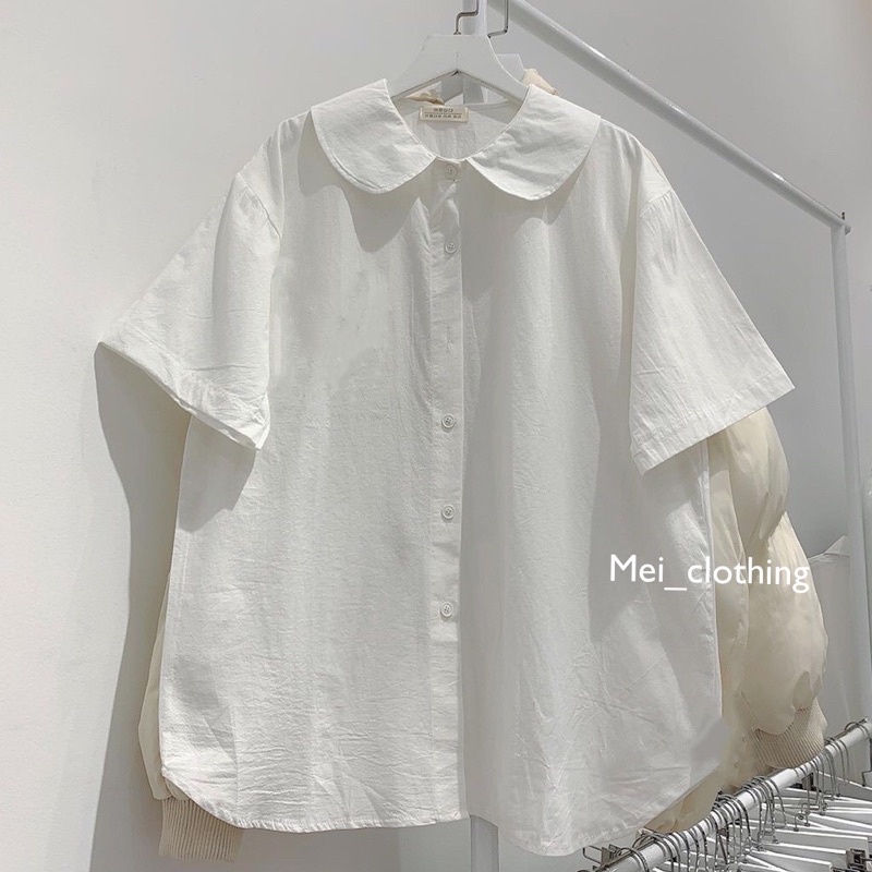 [Ảnh thật/video] Áo sơmi cộc tay babydoll cổ sen dáng rộng cute