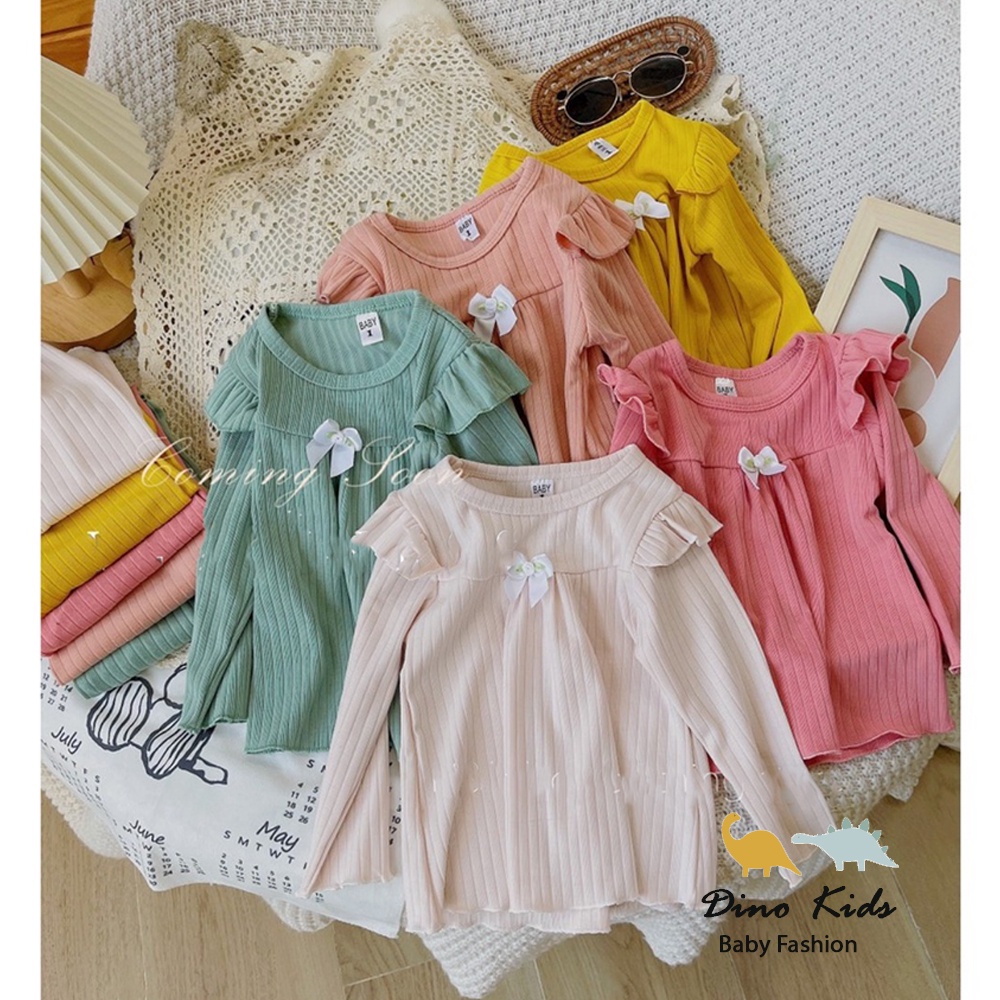 Bộ dài tay len tăm bé gái, bộ tăm đũa Quảng châu bèo vai ống rộng dáng xòe xinh xắn cho bé