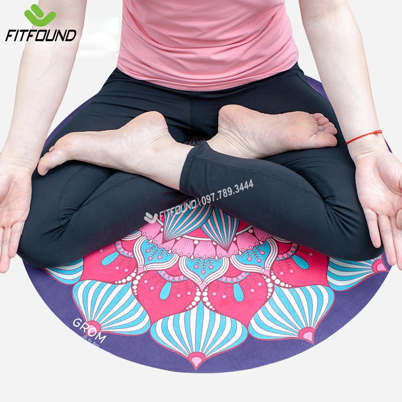 Thảm yoga ngồi thiền tròn  cao su tự nhiên phủ nỉ microfiber in hoa mandala đường kính 70cm dày 3.5mm