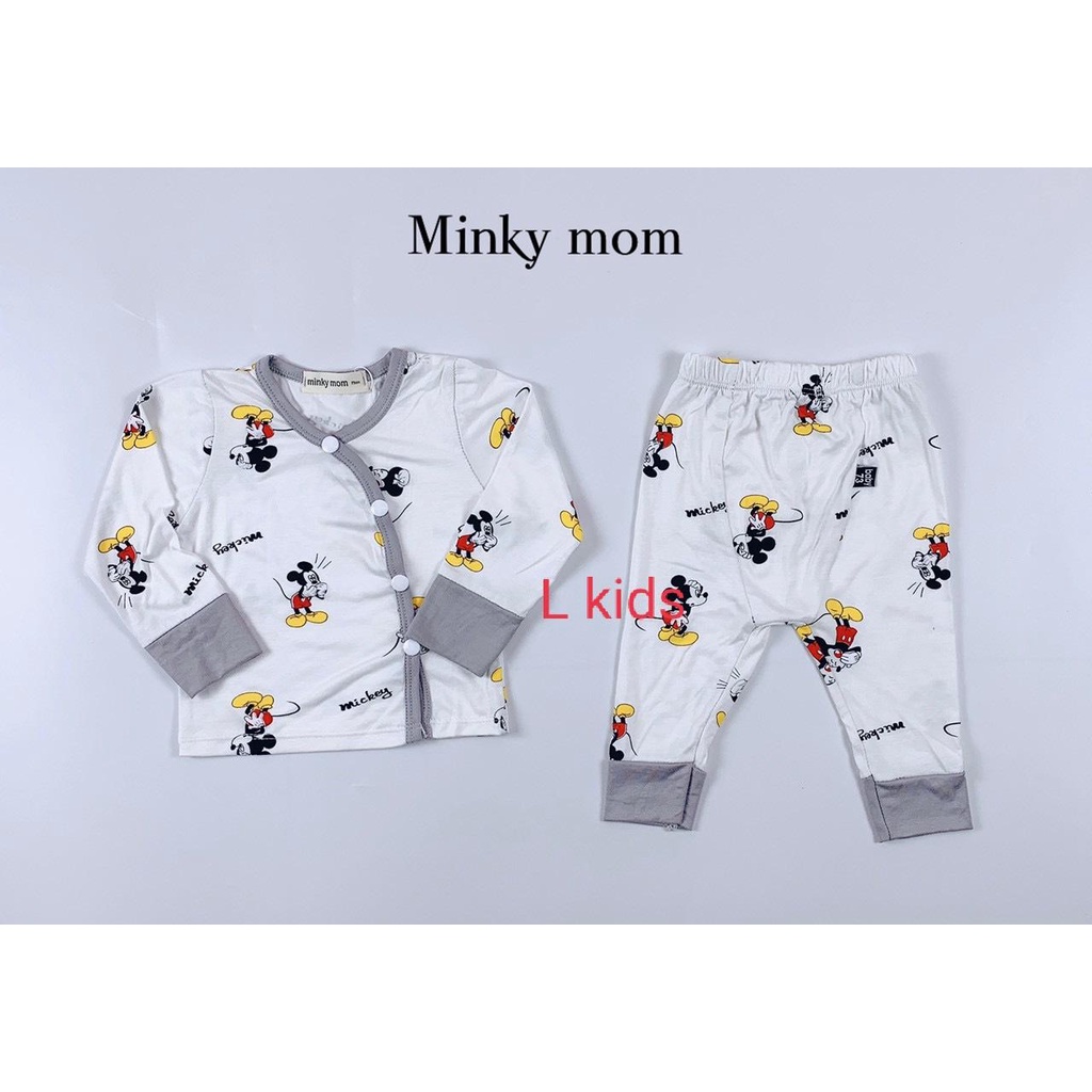 Bộ quần áo dài tay sơ sinh cúc cài lệch vải thun lạnh mềm Minky Mom quần đáp đũng đóng bỉm cho bé 3-9kg