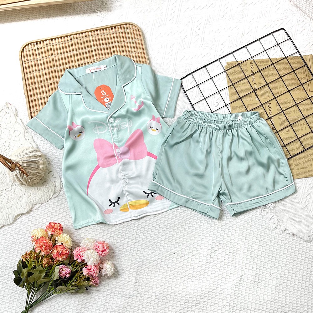 Bộ Đồ Ngủ Pijama Lụa Cộc Tay In Hoạt Hình 3D Dễ Thương Từ Lụa Satin Dành Cho Bé Gái Size 13-35kg - BPN35 - Babi mama