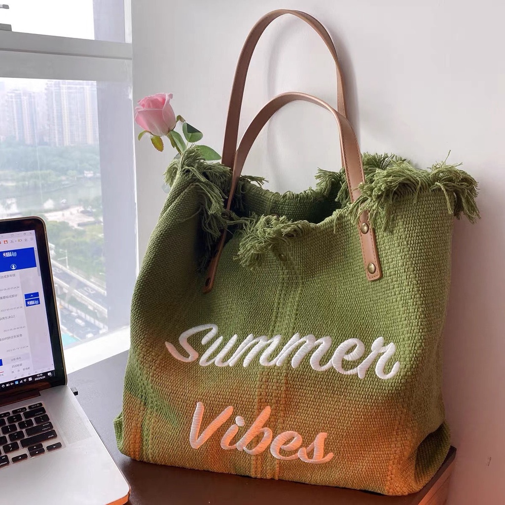 Olive Green!Túi Tote Đeo Vai Vải Canvas Thêu Chữ Phối Tua Rua Phong Cách Nhật Hàn Thời Trang
