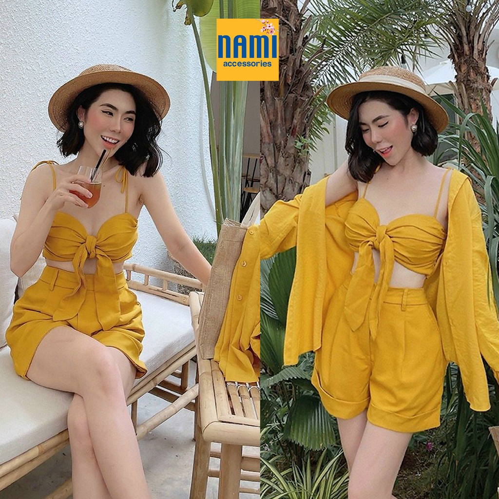 ( HÀNG CHUẨN ĐẸP ) Combo 3 Món Set Áo Sơ Mi Form Rộng Kèm Bra Croptop Nơ Ngực Và Quần Short Gợi Cảm Xinh Xắn - ATNU019