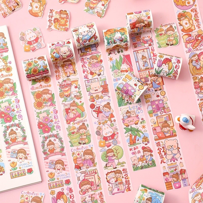Cuộn 3m washitape sticker hình ảnh cô gái hằng ngày và đồ ăn thức uống dùng trang trí DIY, Scrapbook