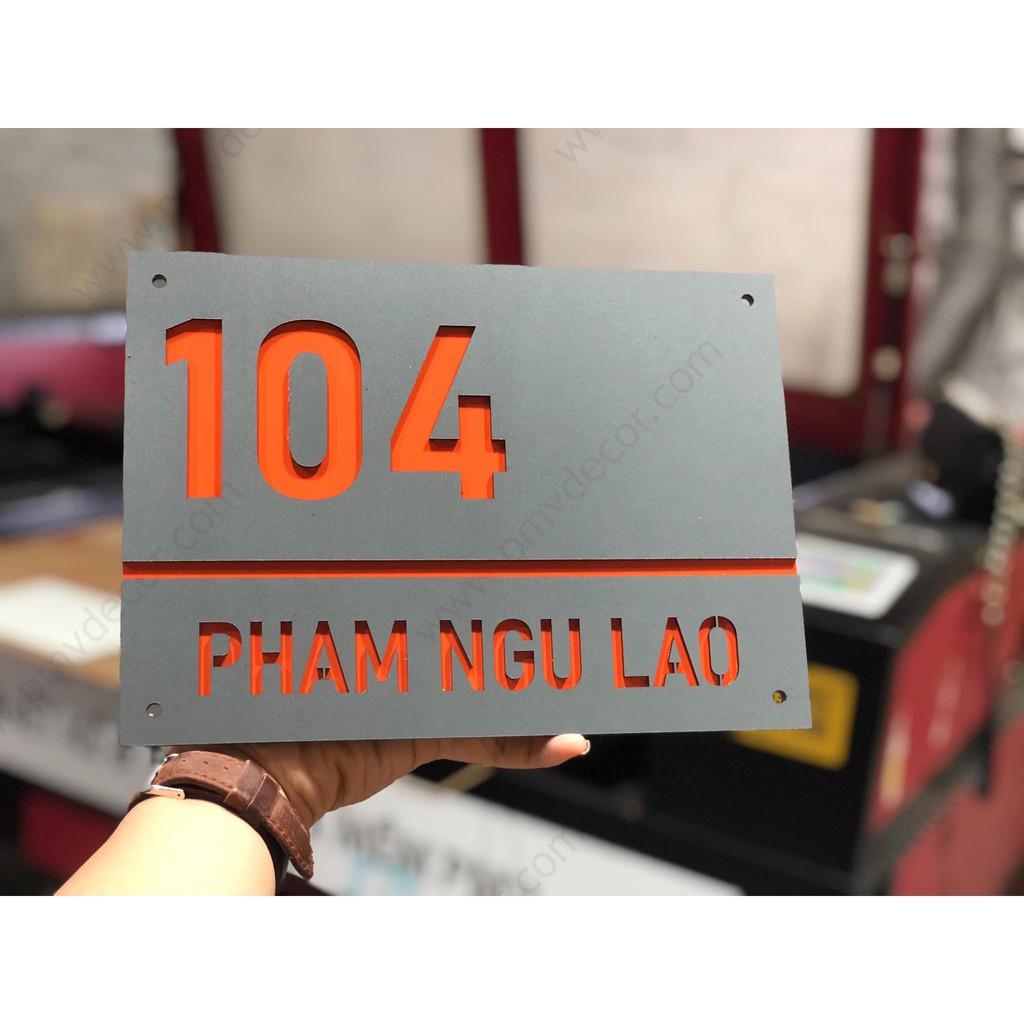 BẢNG, BIỂN SỐ NHÀ. Alcorest cam + Mica ghi sần, số chìm, ngoài trời. BSN-PMV58