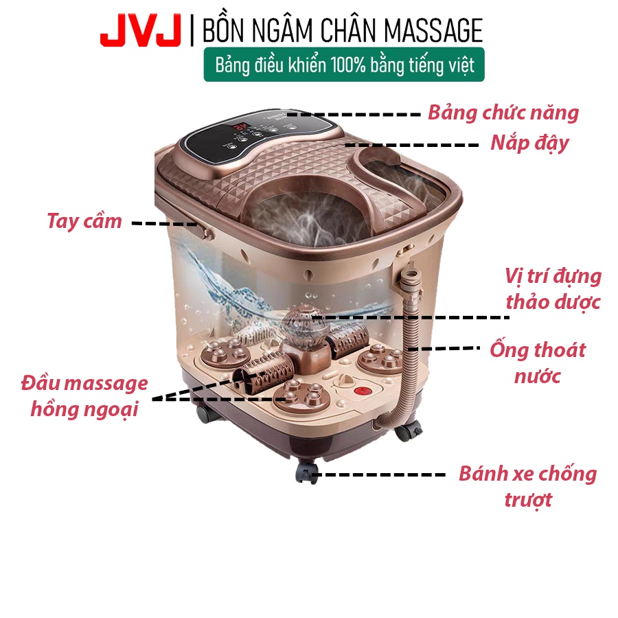 [Freeship 100k] Bồn ngâm chân có Tiếng việt 2021 JVJ B2 massage tự động bằng con lăn, Sục khí,hồng ngoại - Bảo hành 12T