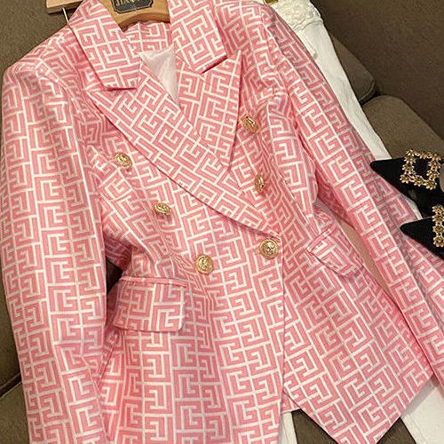 Áo Khoác Vest Hai Hàng Nút Họa Tiết Hình Học Nhỏ Màu Hồng Phong Cách Âu Mỹ Thời Trang 2022 Chất Lượng Cao