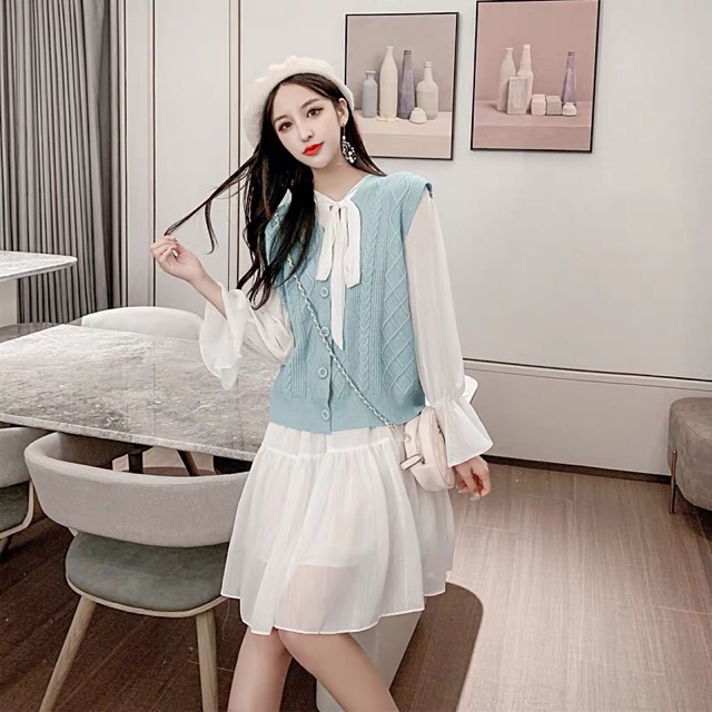 Váy kim tuyến tay nhún hai lớp cổ nơ | BigBuy360 - bigbuy360.vn