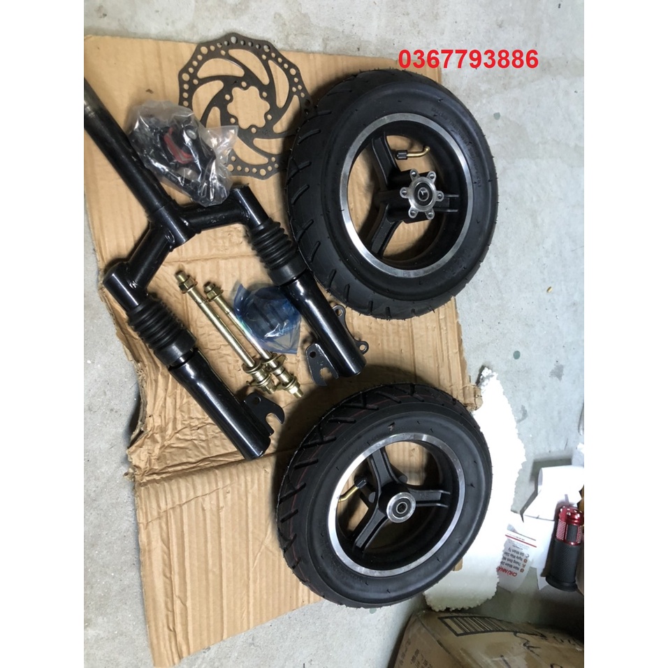 Combo 2 bánh xe 25cm, phuộc nhún trước, phanh đĩa... chế xe scooter điện, xe điện chế 2-3 bánh...