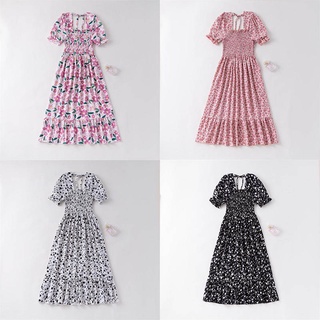 Đầm midi Chữ A Vải chiffon Tay Ngắn In Hoa Xếp Ly Lưng Buộc Nơ Kiểu Vintage Dễ Thương