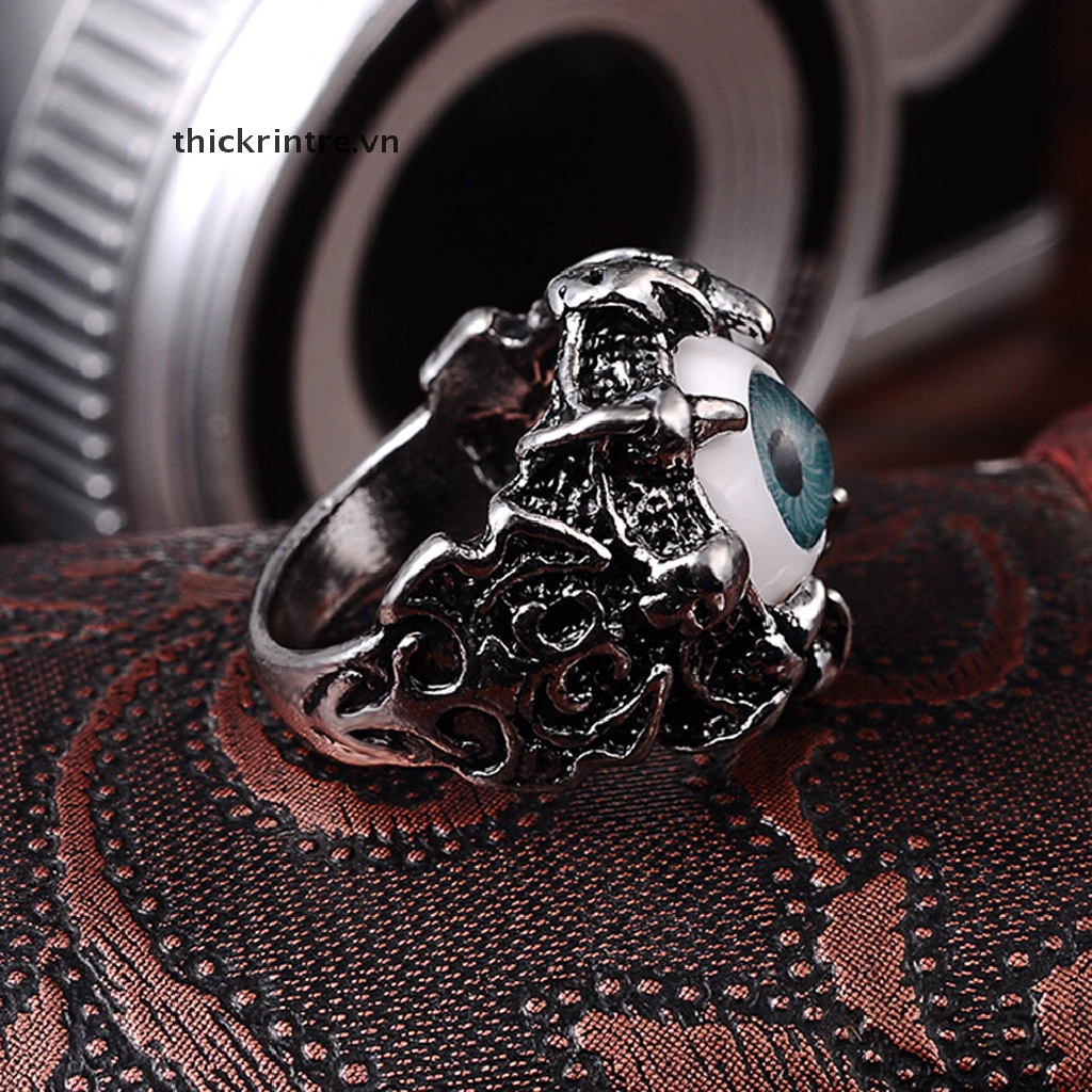 Nhẫn đeo ngón tay thép không gỉ thiết kế móng rồng mắt quỷ đầu lâu phong cách gothic dành cho nam