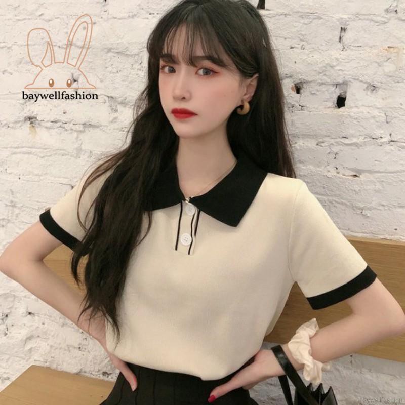 Áo Thun Nữ Ngắn Tay Cổ Bẻ Thời Trang Hàn