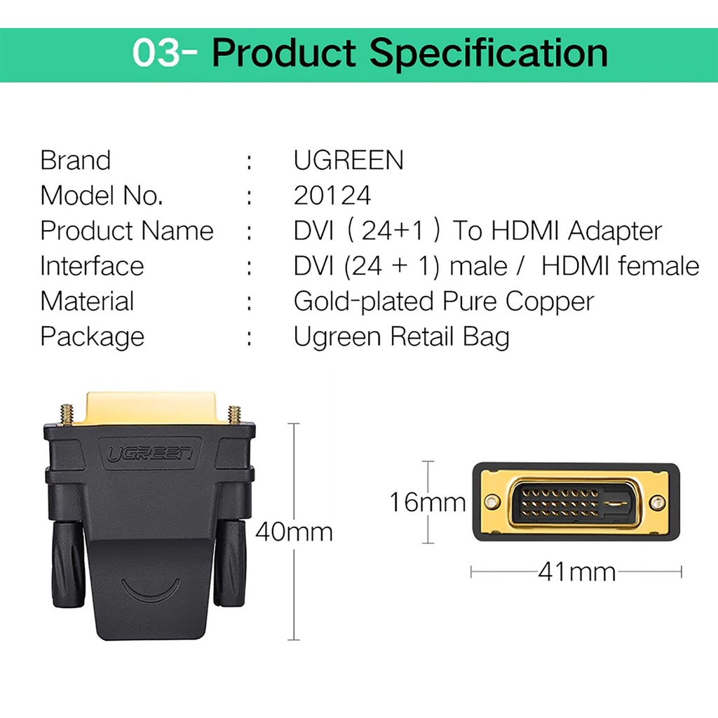 Đầu cáp chuyển đổi DVI 24+ 1 to HDMI âm chính hãng Ugreen 20124 20118 - Hàng chính hãng