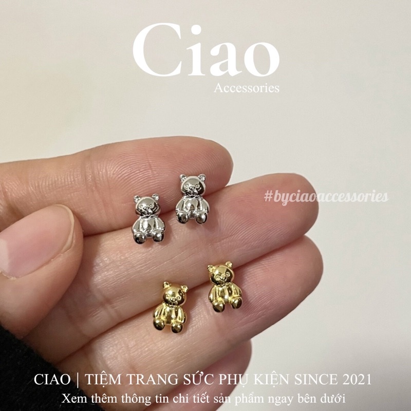 [HOẢ TỐC 1H] Khuyên tai/ Bông tai mạ bạc S925 thiết kế hình teddy Bear Tiny Ciao