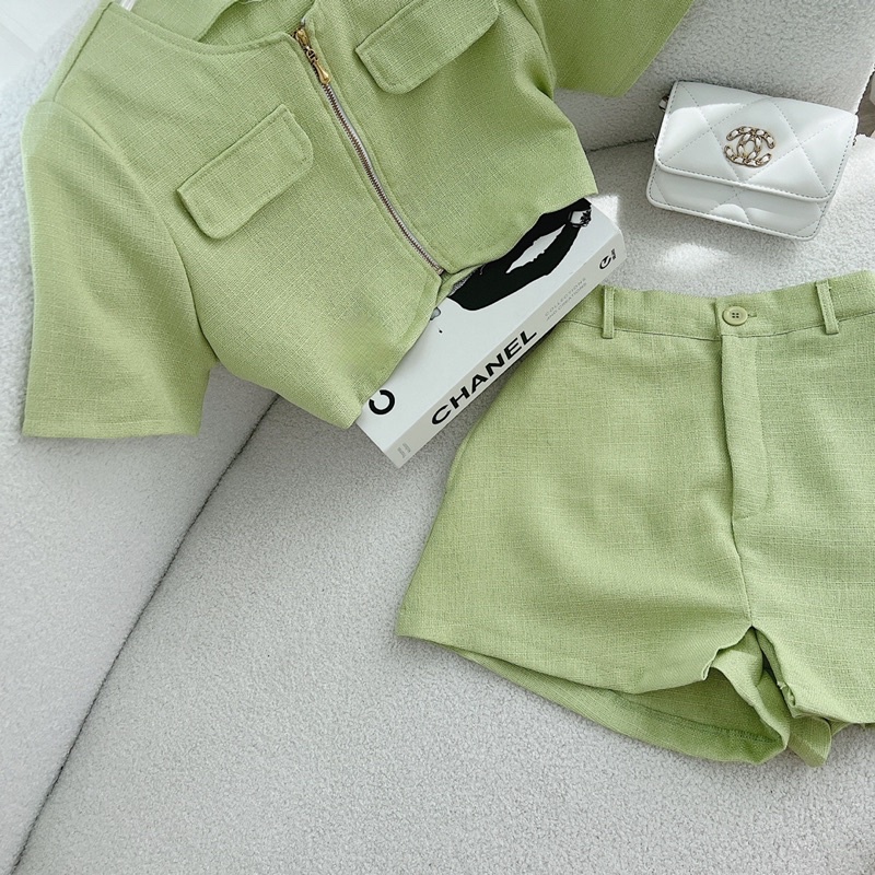 SET ÁO CROPTOP DẠ DÂY KÉO + QUẦN SHORT