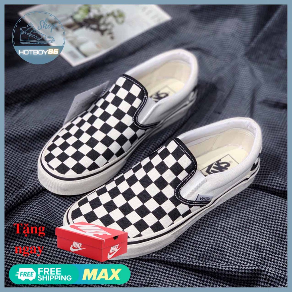 Giày thể thao nam nữ vans vault lười ship on caro đen trắng thời trang